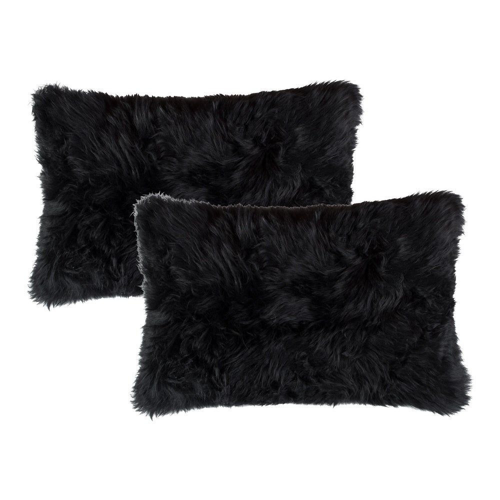 Shearling Charcoal Saddle Leather Lumbar Pillow