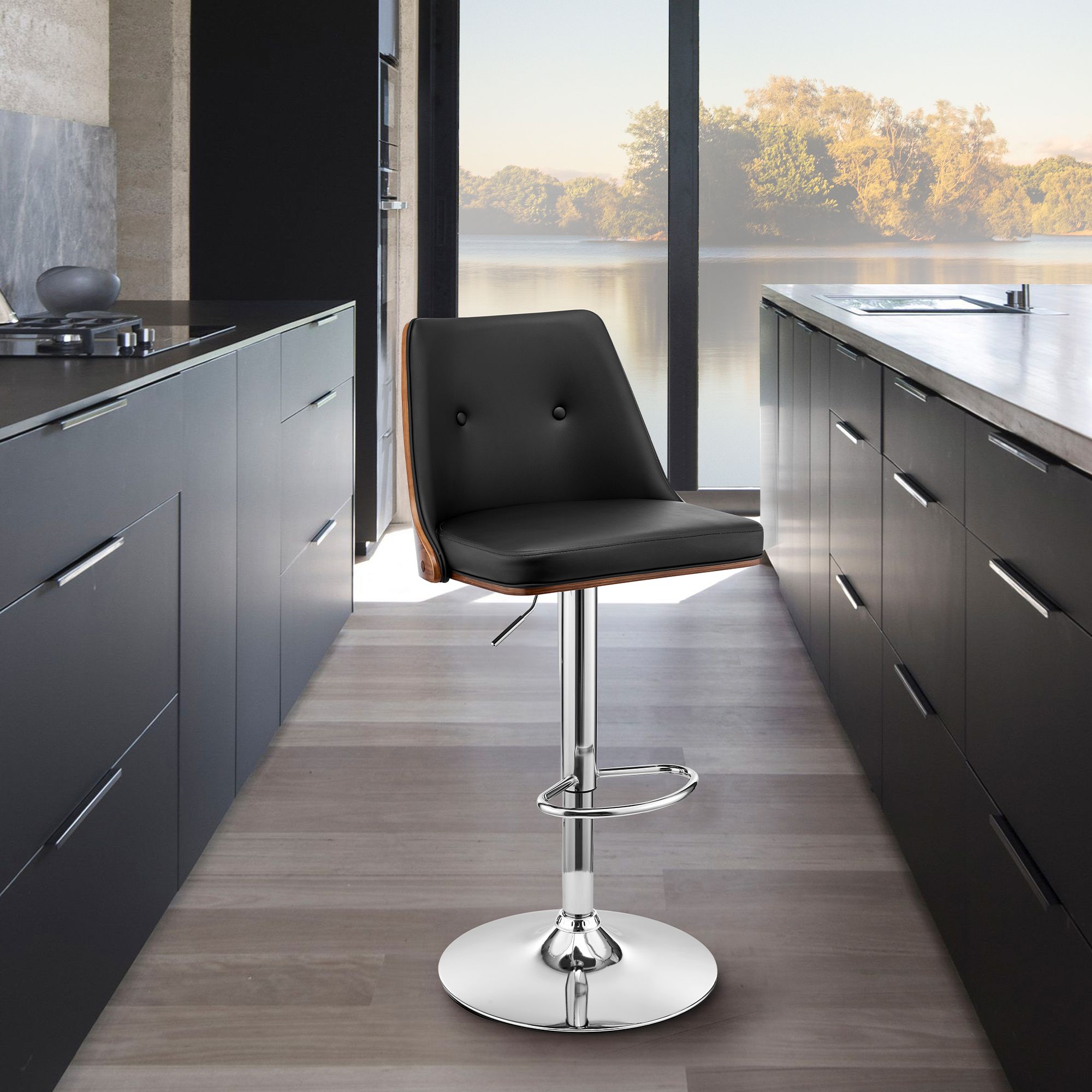Jacob Adjustable Swivel Black Faux Leather And Walnut Wood Bar