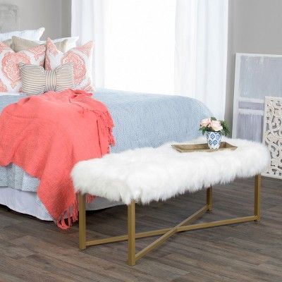 Faux Fur Rectangle Bench White at allmine