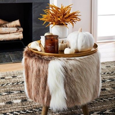 Tan Buffalo Leather Boucle Footstool with Ball Feet